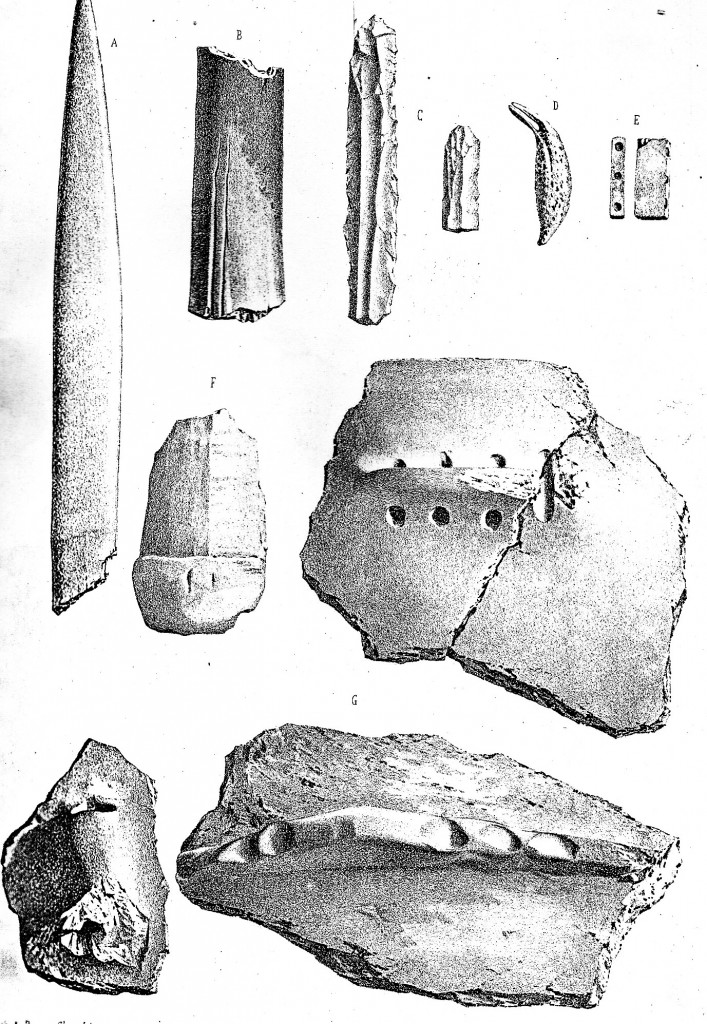 Objets néolithiques de la Grande Barme de Savigny, à la Biolle, figurés en 1874 par le Vicomte Lepic. A. Côte aiguisée ; B. Os de cerf portant des traces de travail ; C. Deux silex ; D. Dent percée pour suspension ; E. Fragment de collier, analogue à ceux d’Ilallstatt et Golasecca ; F. Ossement taillé, peut-être un manche d’outil ou d’arme ; G. Débris de poterie