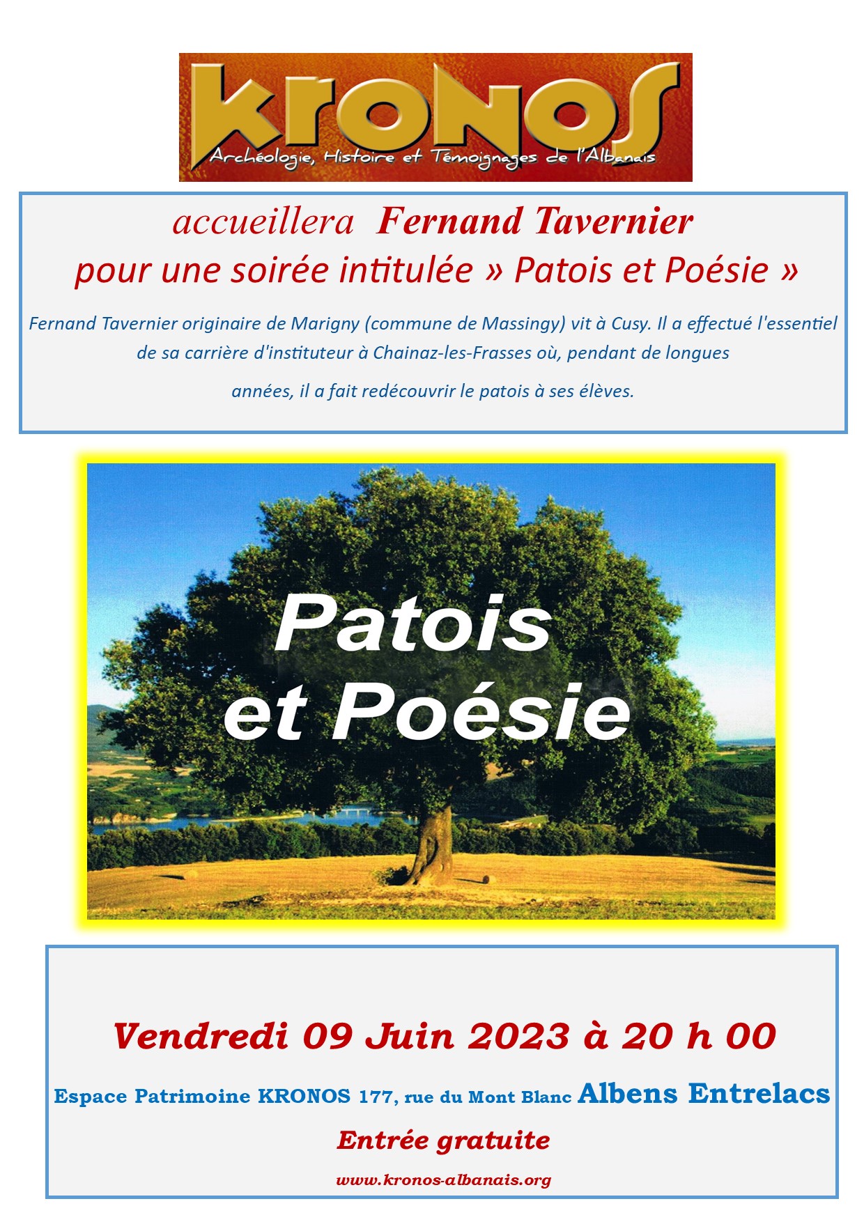 Conférence le 9 juin 2023 : patois et poésie | Kronos