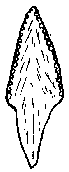 Forme : losange allongé ; L : 45 mm ; 1 : 16 mm ; Les deux arêtes supérieures portent des retouches ; Pédoncule bien visible ; roche : silex