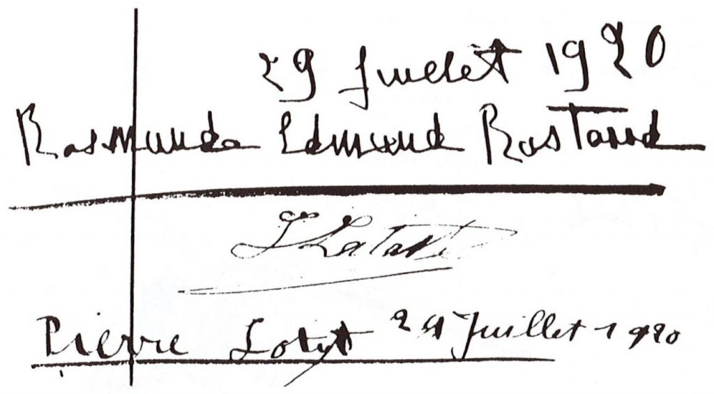 Signatures de Rosemonde Edmond Rostand et de Pierre Loti.